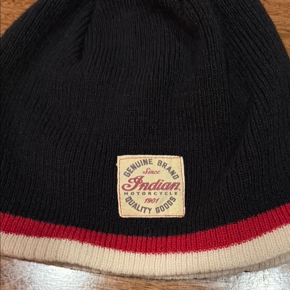 Indian Motorcycle Black Beanie with Red and Cream Stripes - Picture 2 of 5